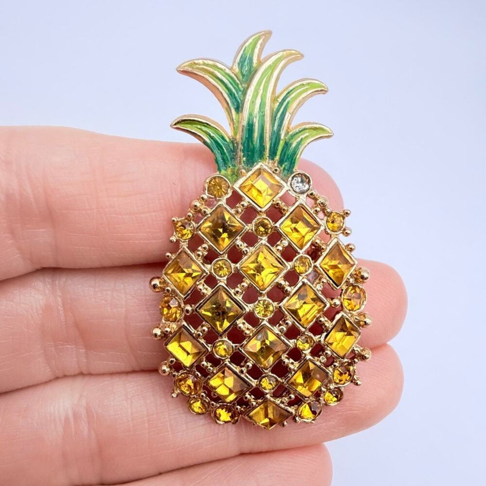 Vintage KRAMER of NEW YORK Pineapple Brooch Yellow Crystal Enamel Gold Tone Rare